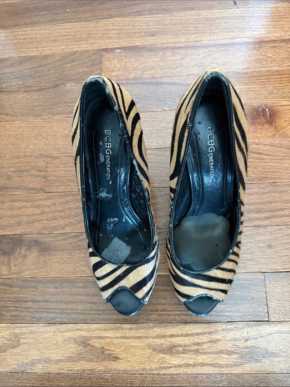 BCBGeneration Zebra-Print Peep-Toe Heels in Tan and Black